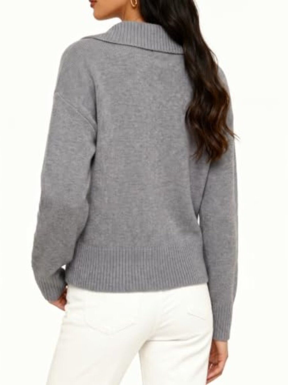 Polo Knit Sweater Pullover V Neck Lapel Collar Button Long Sleeve Loose Ribbed - Picture 4 of 7